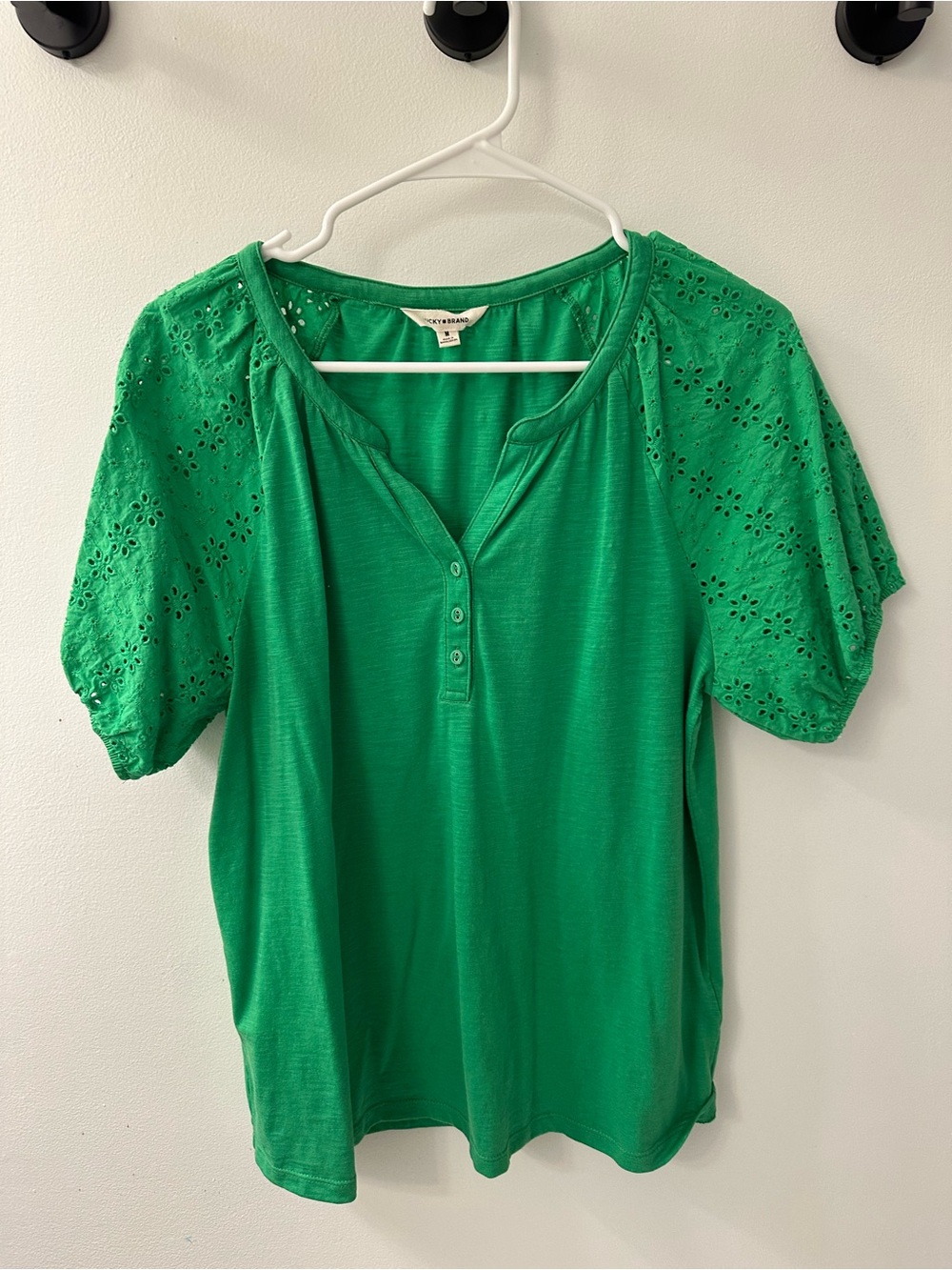 Lucky Brand Emerald Green Eyelet Sleeve Henley Tee